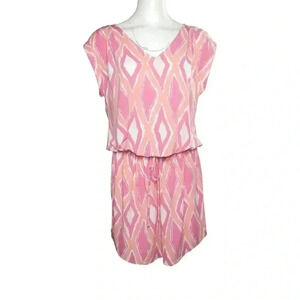 Tori Richard Tie Waist Dress Size Large Pink Blouson Cap Sleeve Mini V-Neck